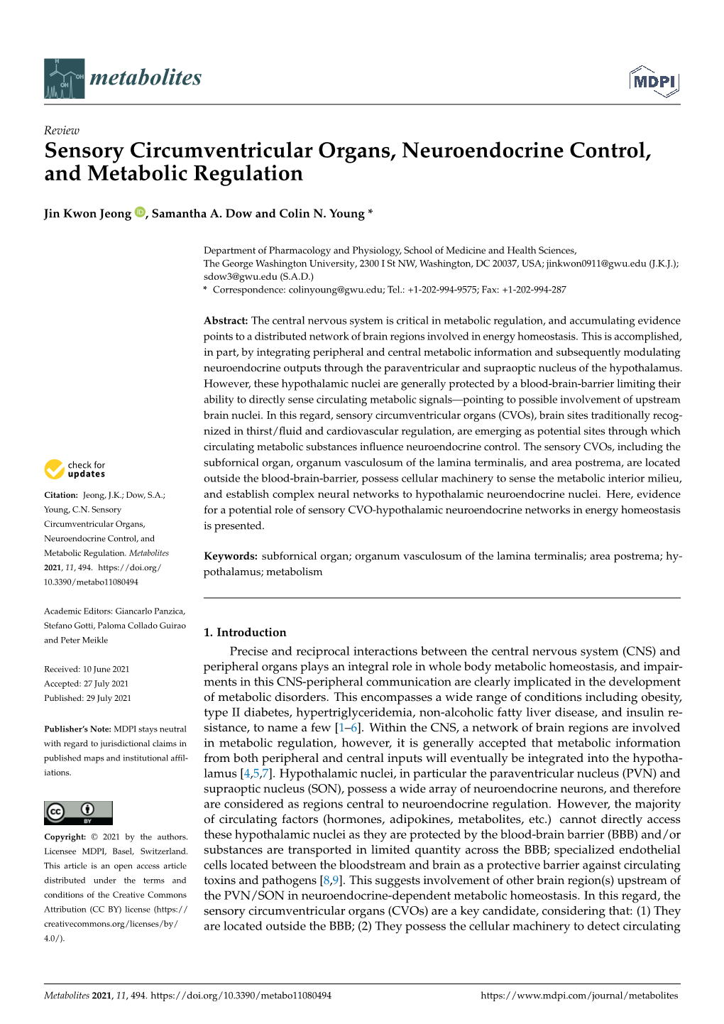 Sensory Circumventricular Organs, Neuroendocrine Control, and Metabolic Regulation