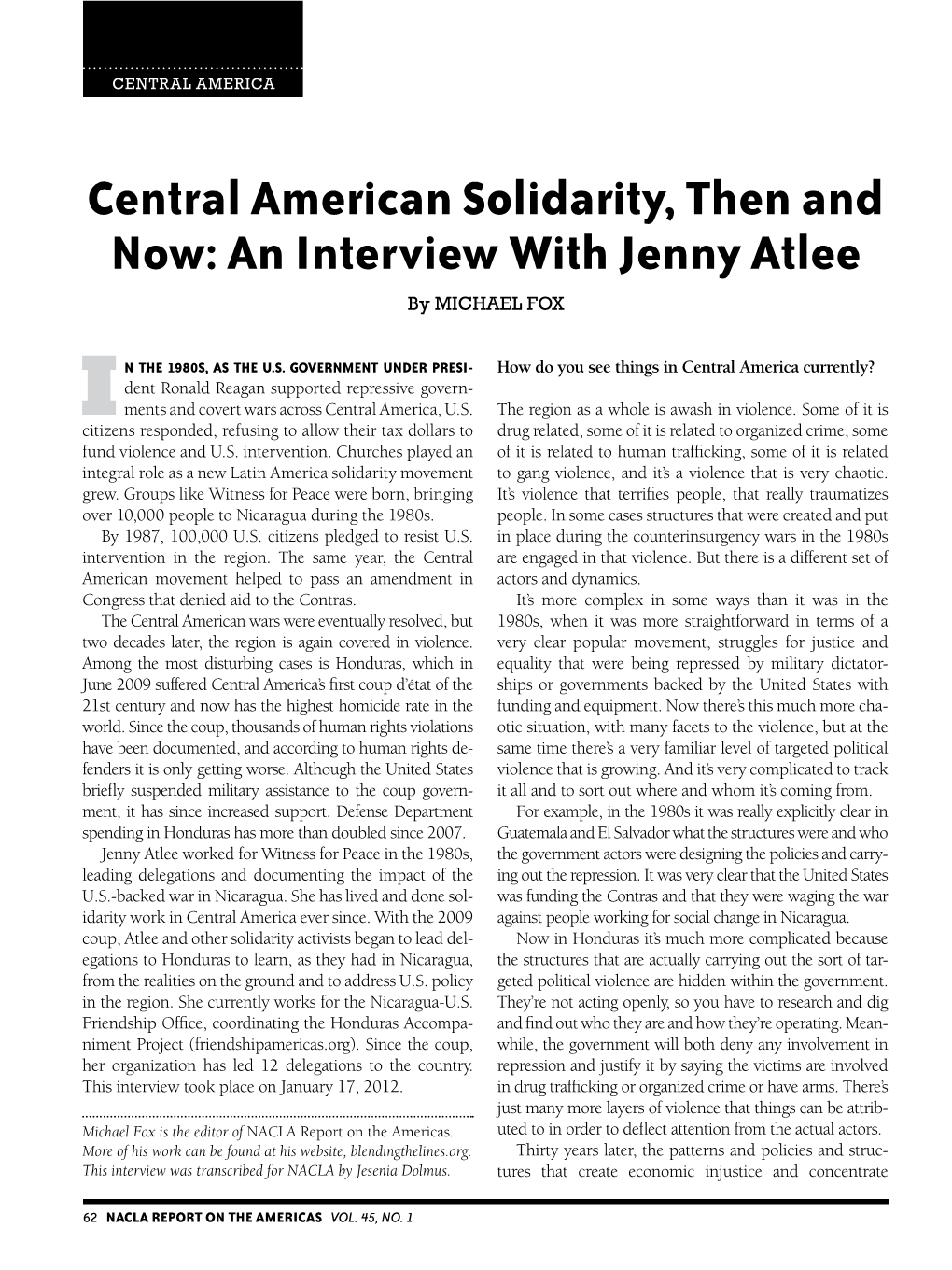 Central American Solidarity, Then and Now: an Interview with Jenny Atlee by Michael Fox