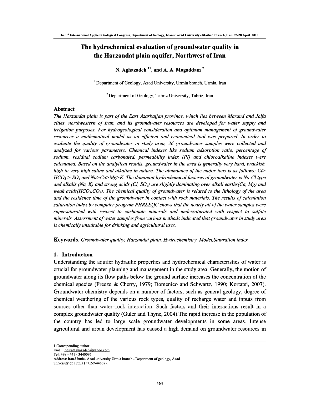 ۸۵.The Hydrochemical Evaluation of Groundwater Quality in The