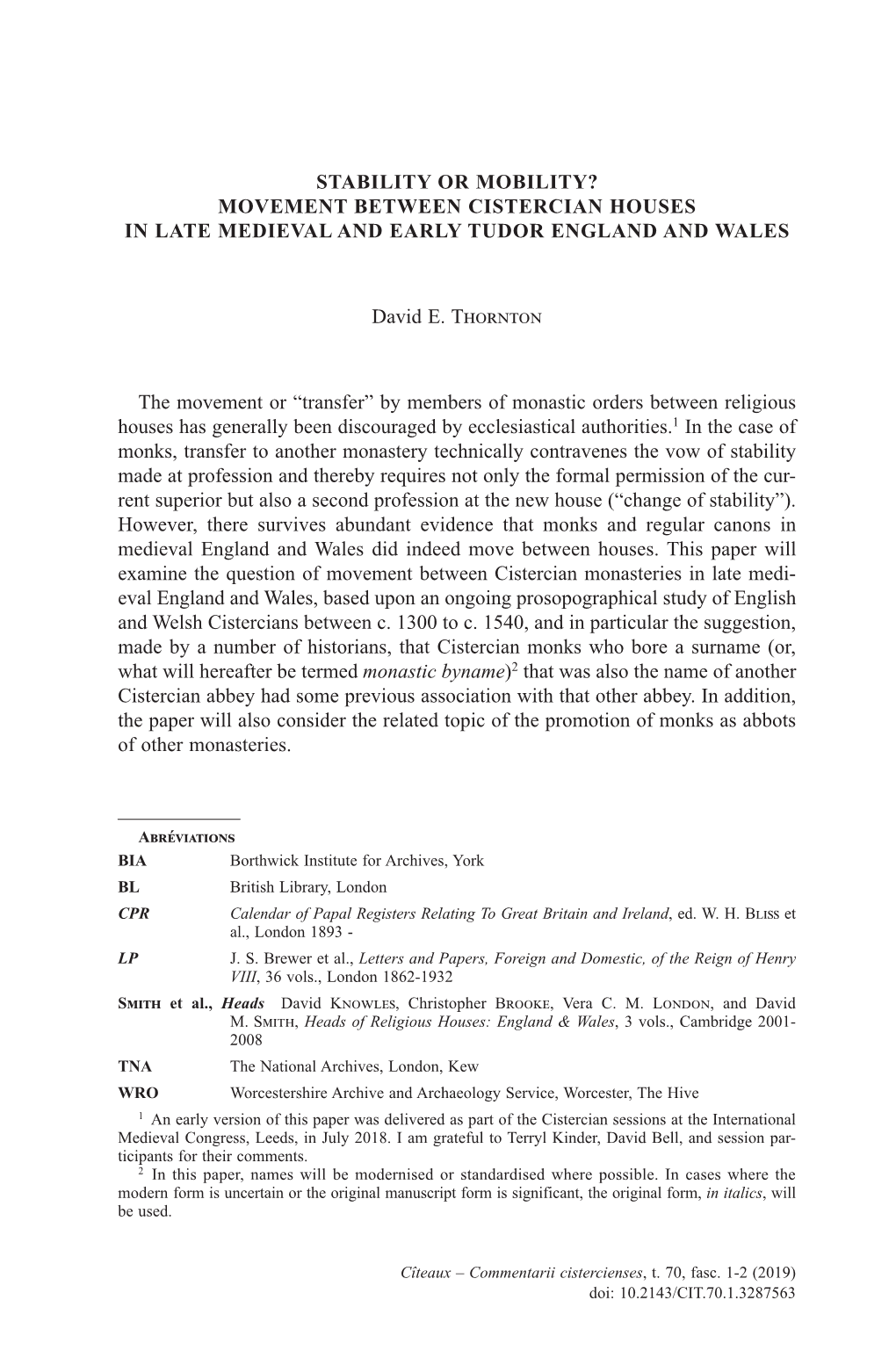 Stability Or Mobility? Movement Between Cistercian Houses in Late Medieval and Early Tudor England and Wales