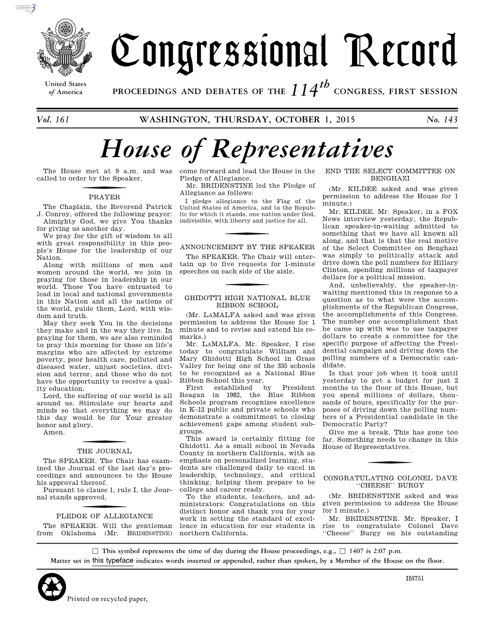 Congressional Record United States Th of America PROCEEDINGS and DEBATES of the 114 CONGRESS, FIRST SESSION