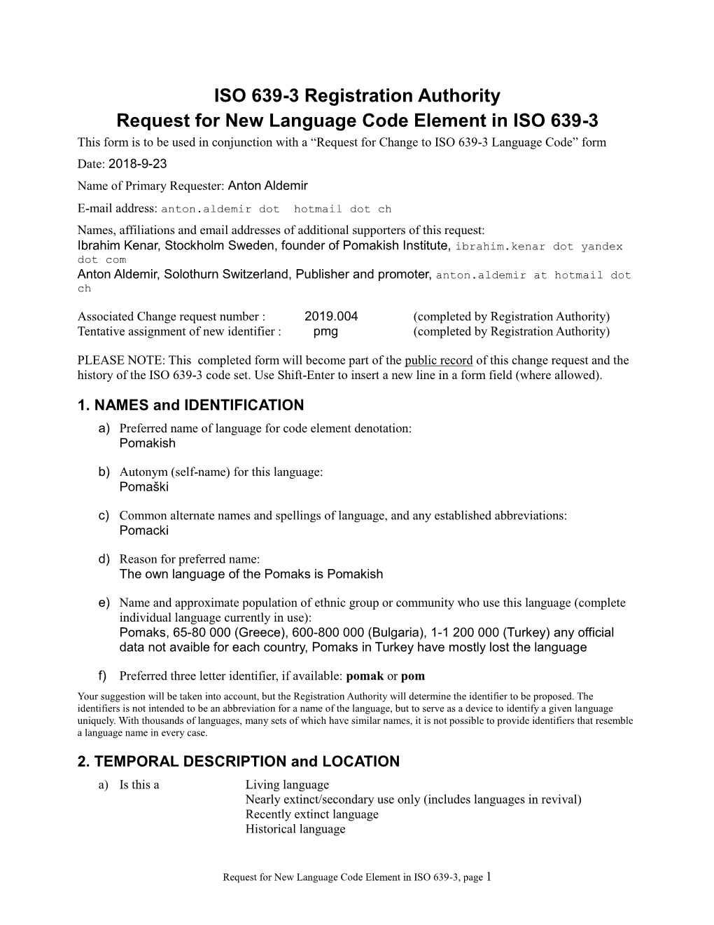 ISO 639-3 New Code Request