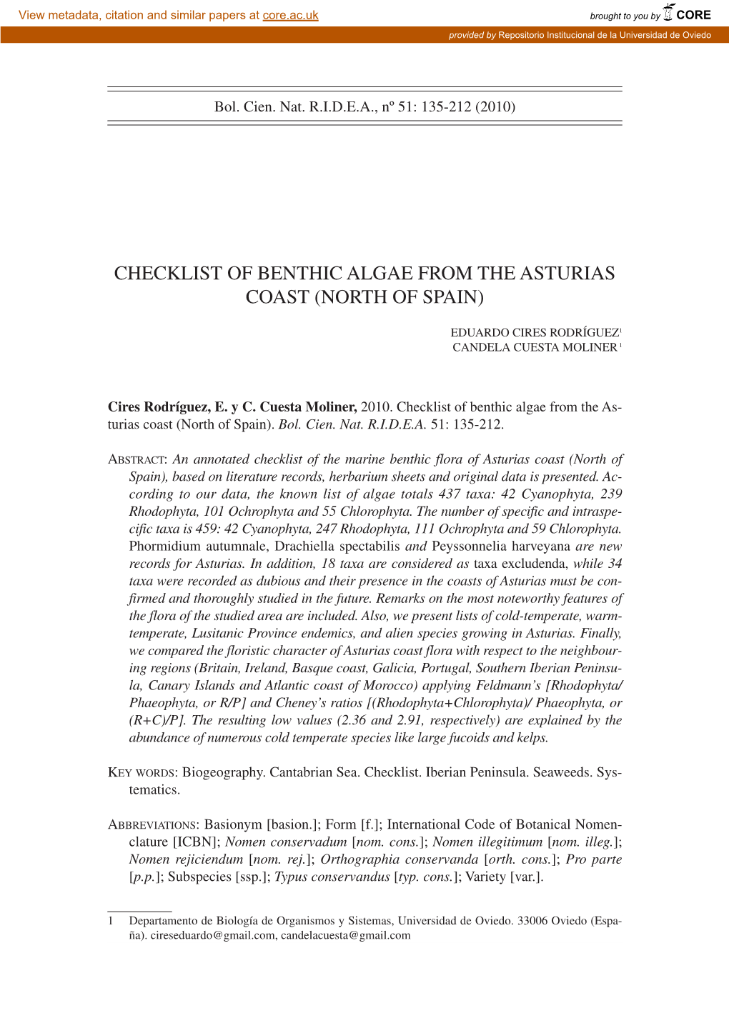 Checklist of Benthic Algae from the Asturias Coast (North of Spain)