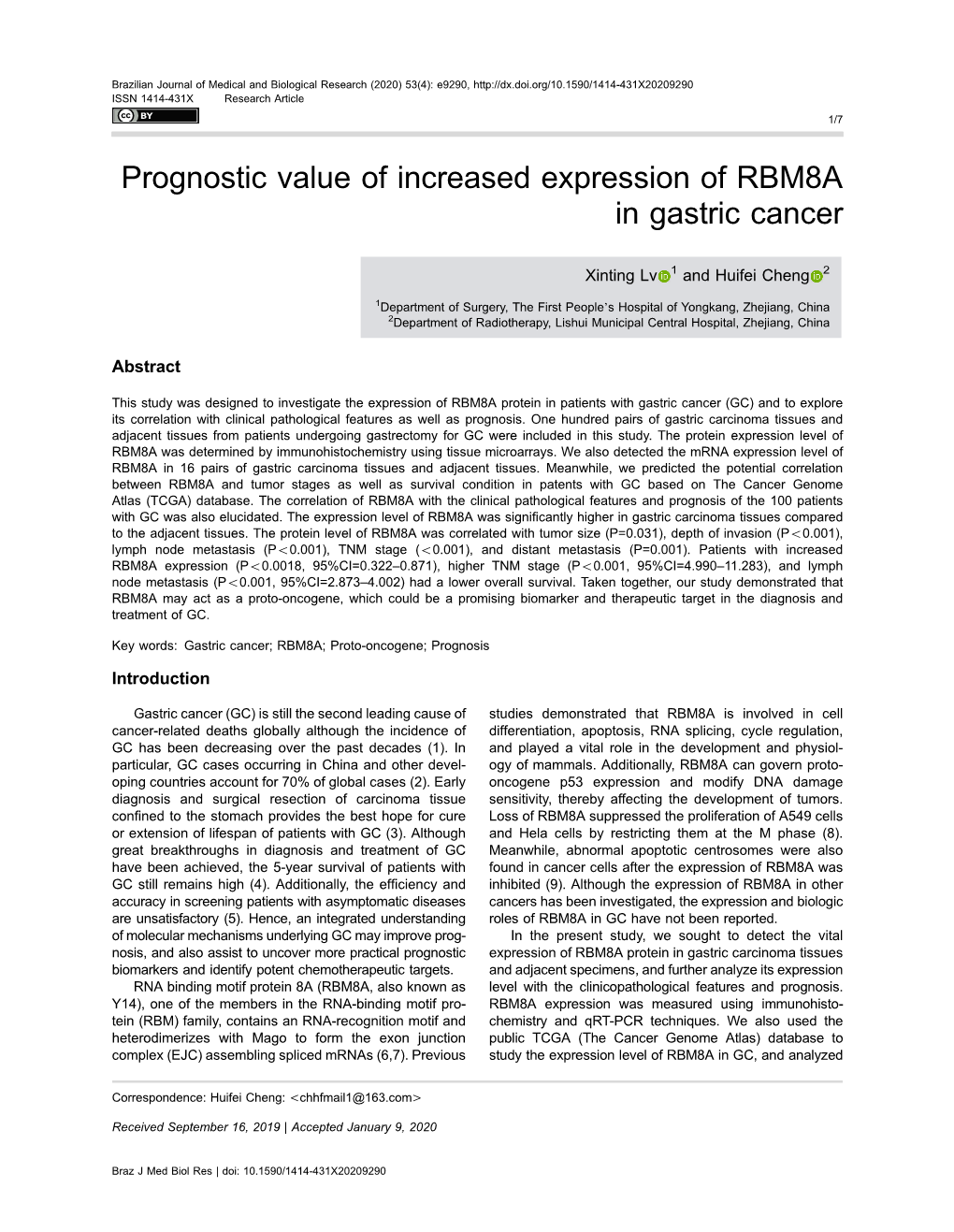 Prognostic Value of Increased Expression of RBM8A in Gastric Cancer
