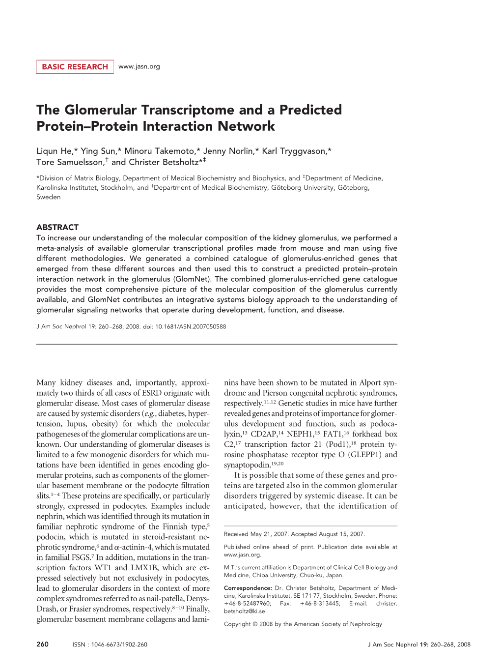 The Glomerular Transcriptome and a Predicted Protein–Protein Interaction Network