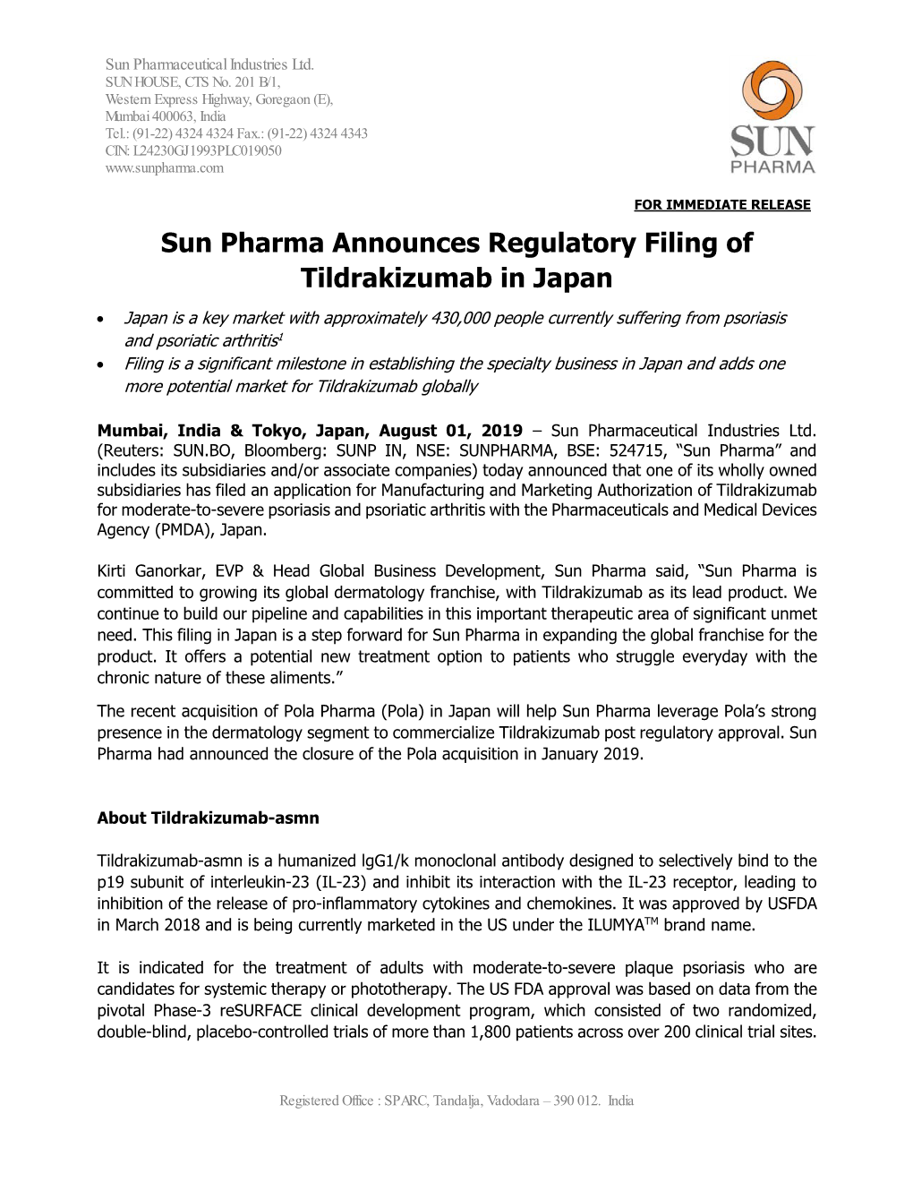 Sun Pharma Announces Regulatory Filing of Tildrakizumab in Japan