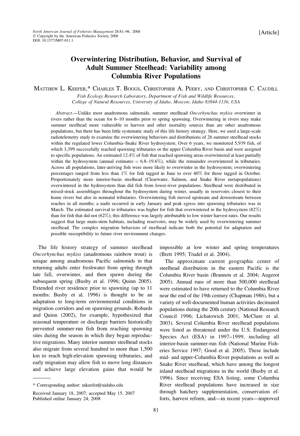 Keefer Et Al 2008 Steelhead Overwintering