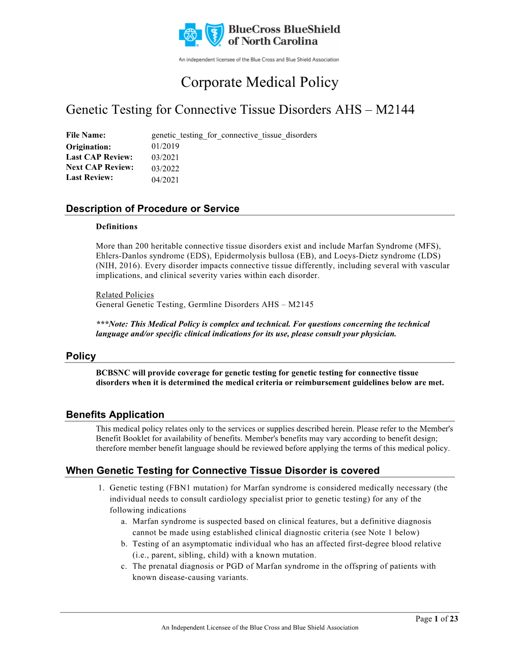 Genetic Testing for Connective Tissue Disorders AHS – M2144