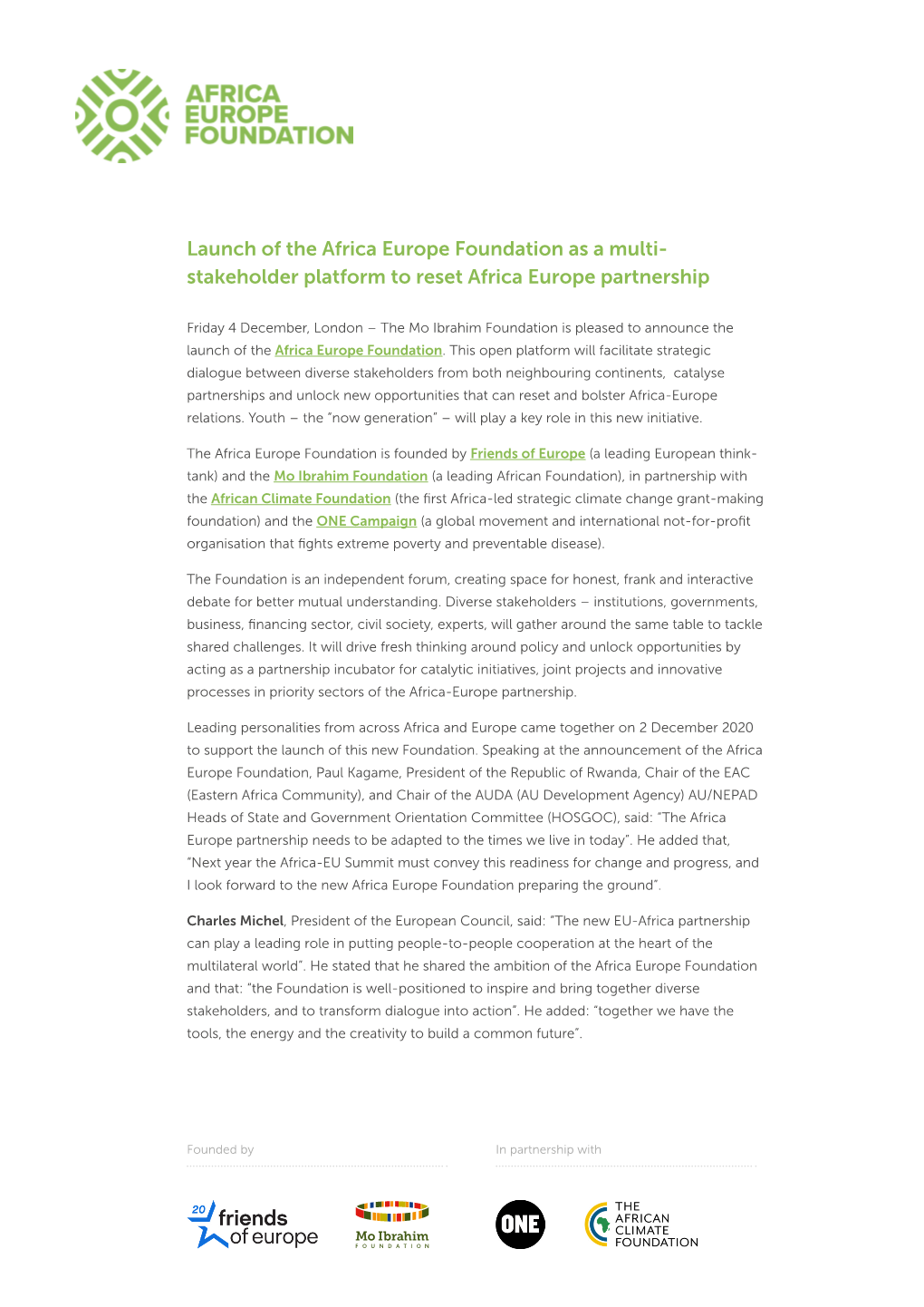 Press Release on Launch of Africa Europe Foundation