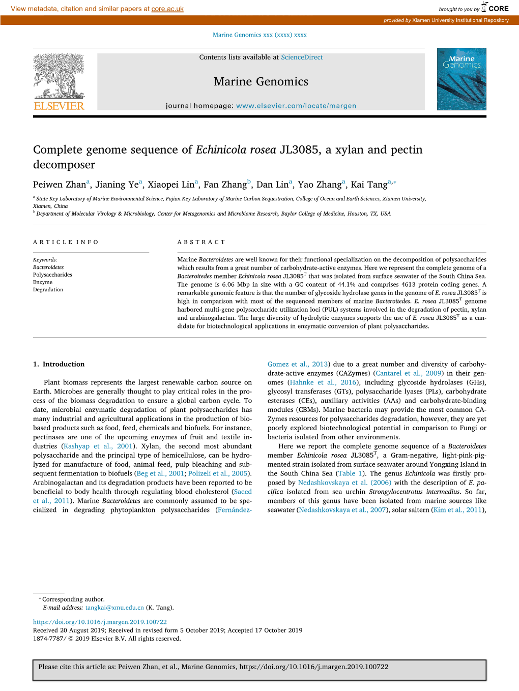 Complete Genome Sequence of Echinicola Rosea JL3085, a Xylan