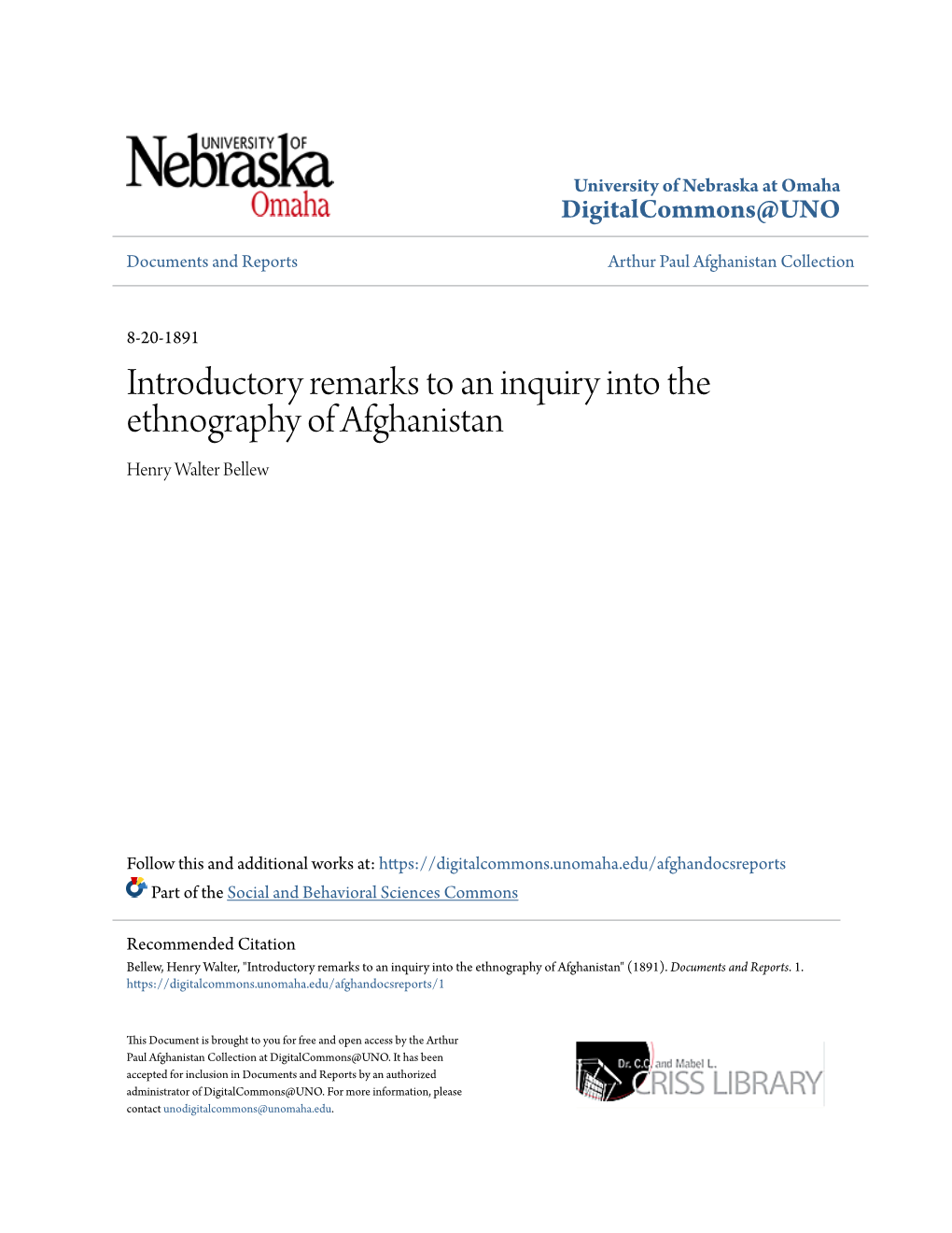 Introductory Remarks to an Inquiry Into the Ethnography of Afghanistan Henry Walter Bellew