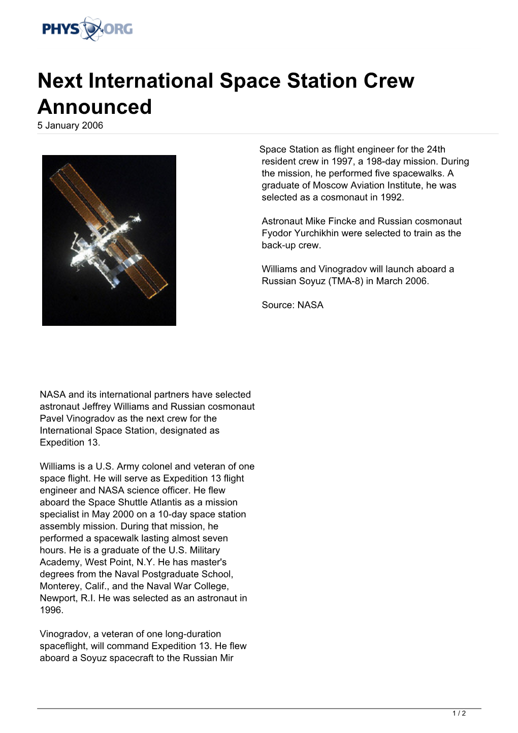 Next International Space Station Crew Announced 5 January 2006