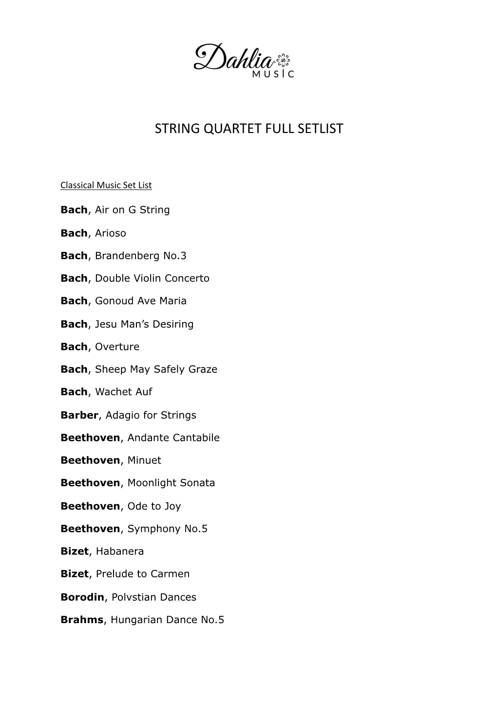 String Quartet Full Setlist