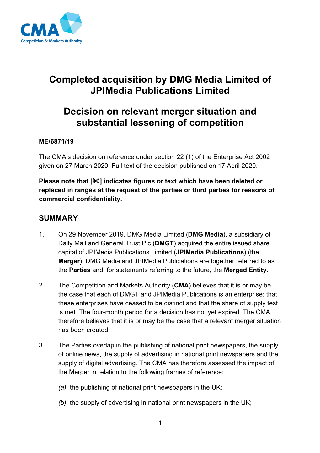 Completed Acquisition by DMG Media Limited of Jpimedia Publications Limited