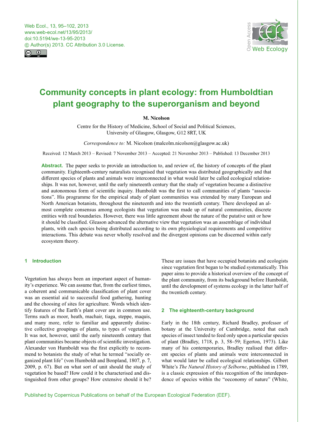 Community Concepts in Plant Ecology: from Humboldtian Plant Geography to the Superorganism and Beyond