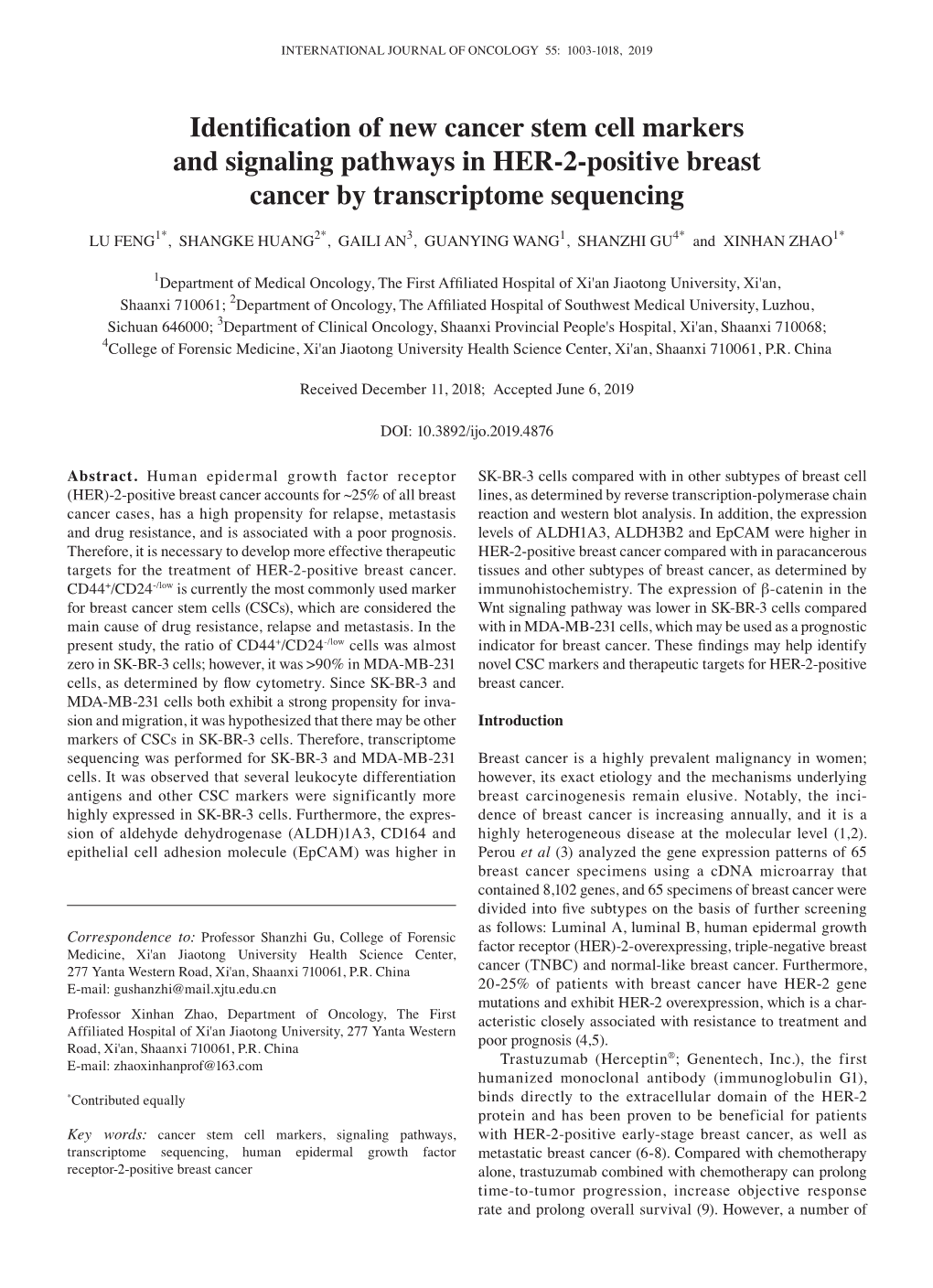 Identification of New Cancer Stem Cell Markers and Signaling Pathways in HER‑2‑Positive Breast Cancer by Transcriptome Sequencing