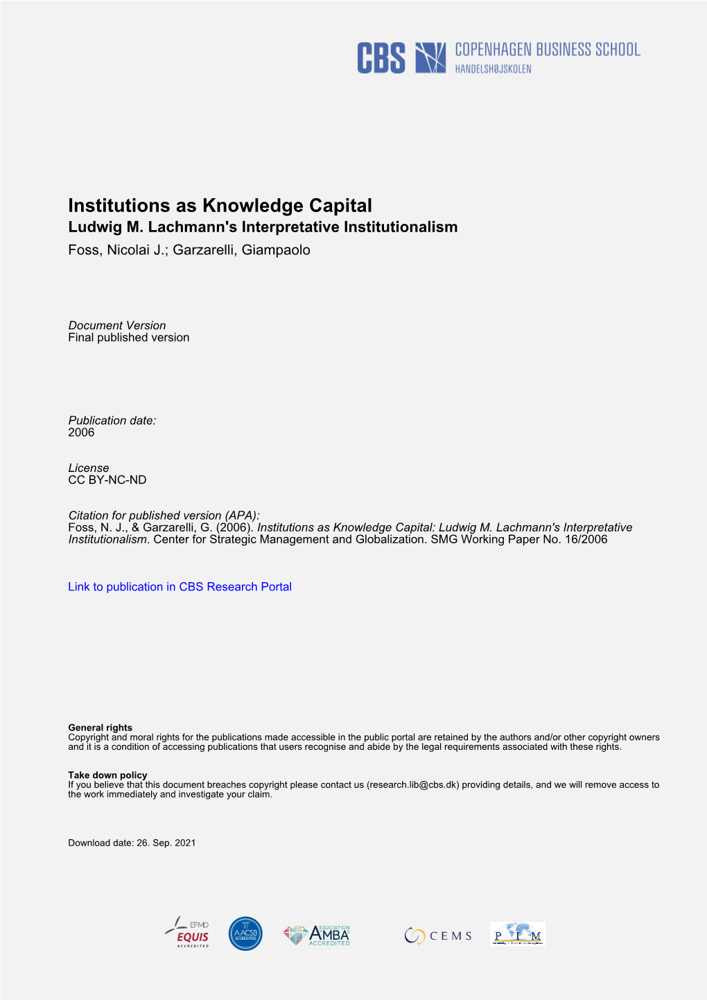 Institutions As Knowledge Capital Ludwig M