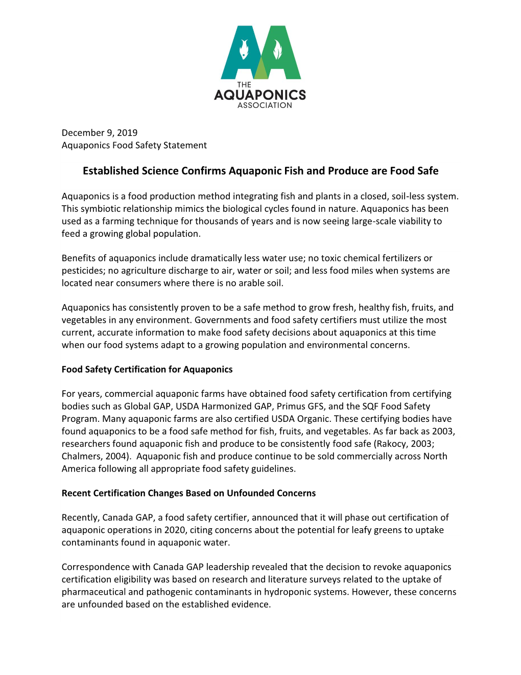 2019 Aquaponics Food Safety Statement