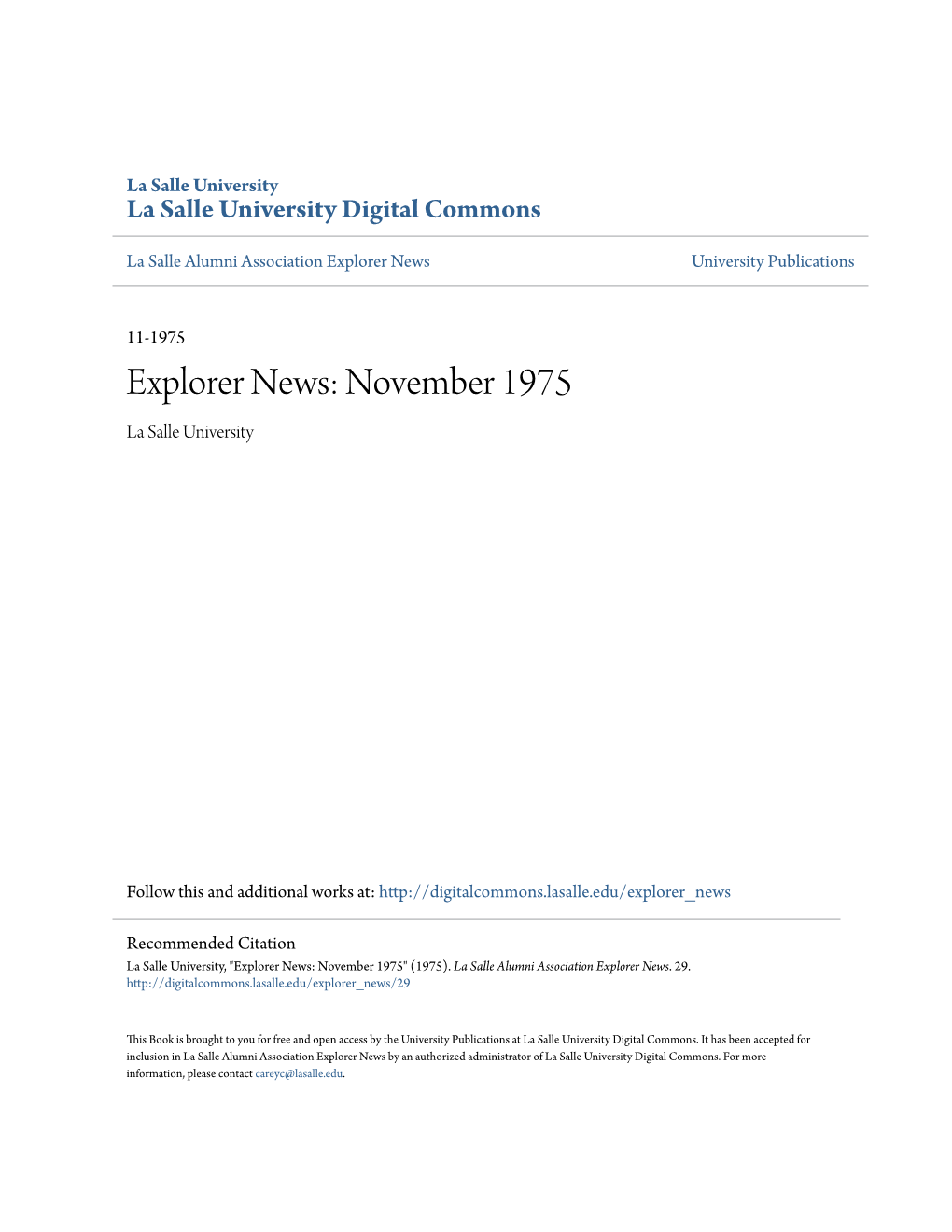 Explorer News: November 1975 La Salle University