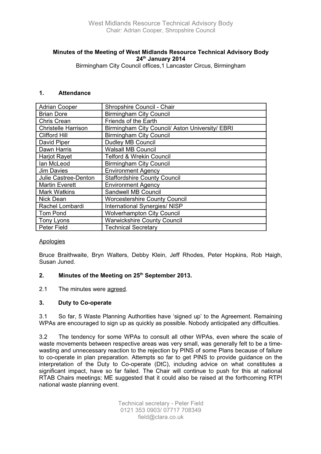 Minutes of the Meeting of West Midlands Resource Technical Advisory Body