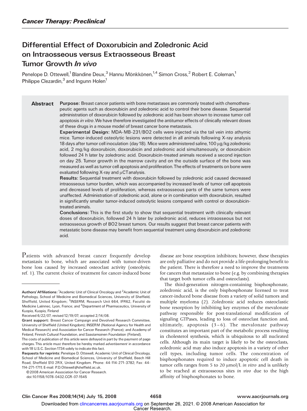 Differential Effect of Doxorubicin and Zoledronic Acid on Intraosseous Versus Extraosseous Breast Tumor Growth in Vivo