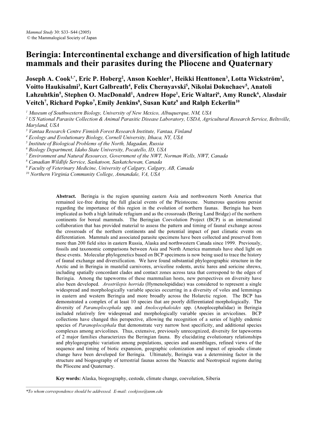 Beringia: Intercontinental Exchange and Diversification of High Latitude Mammals and Their Parasites During the Pliocene and Quaternary