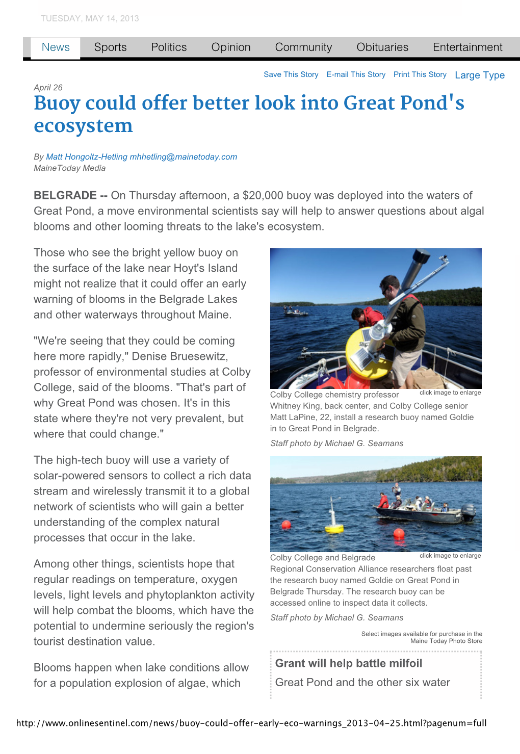 Buoy Could Offer Better Look Into Great Pond's Ecosystem | the Morning Sentinel, Waterville, ME 5/14/13 8:56 PM