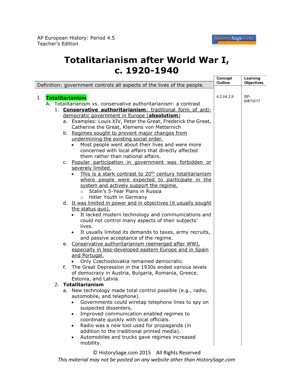 Totalitarianism After World War I, C. 1920-1940 Concept Learning Outline Objectives Definition: Government Controls All Aspects of the Lives of the People