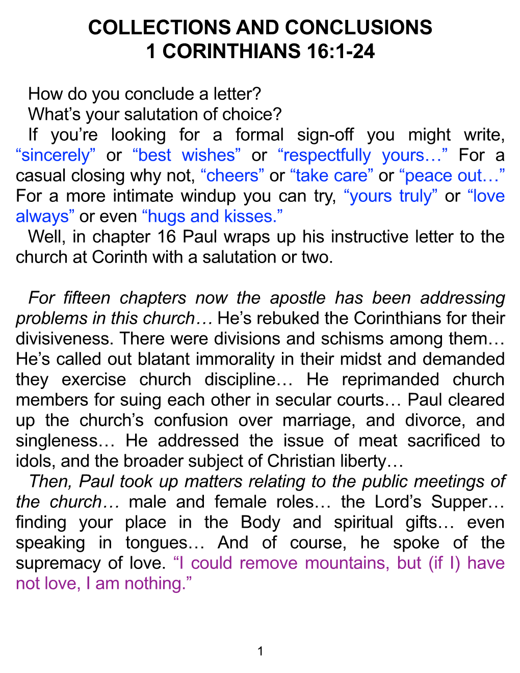 Collections and Conclusions 1 Corinthians 16:1-24