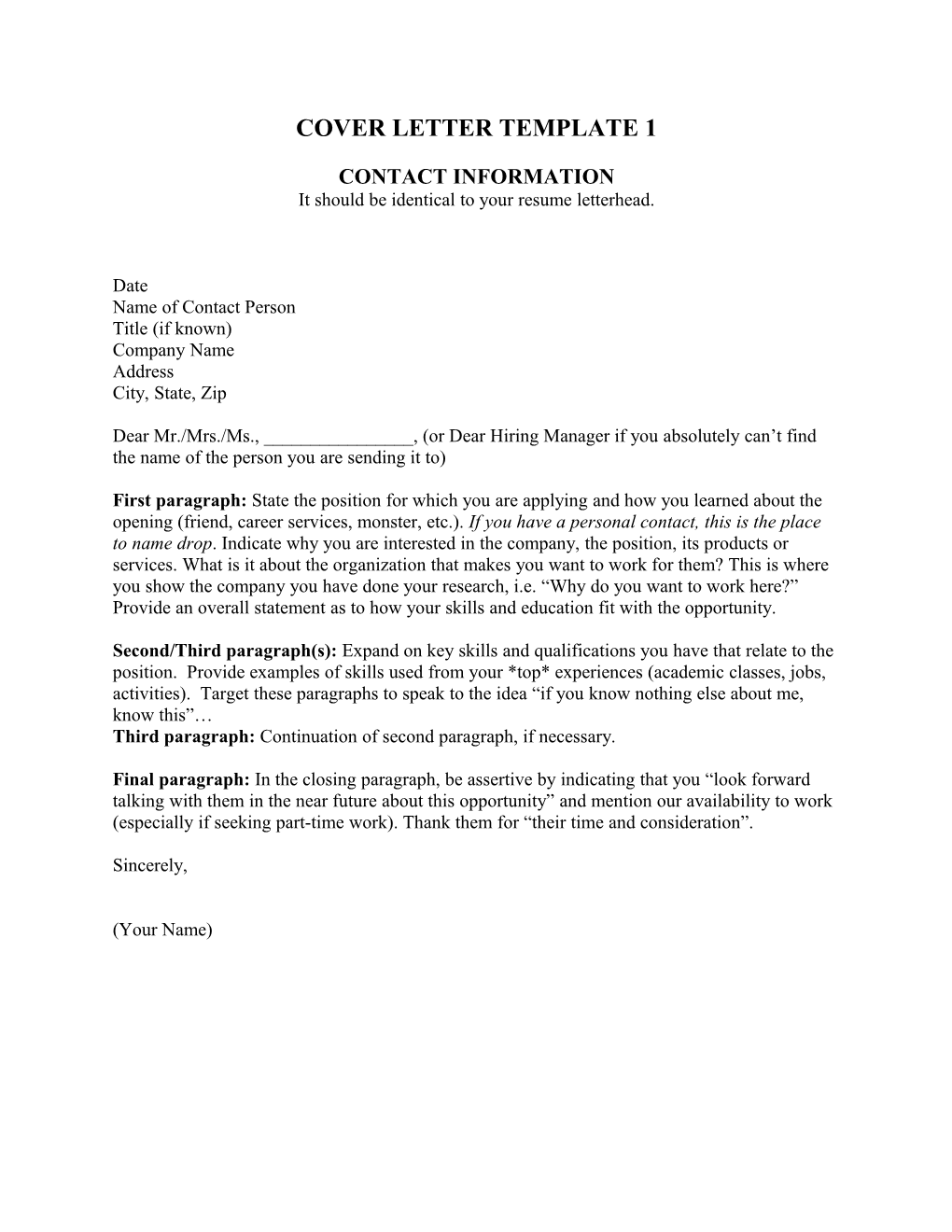 Cover Letter Template 1