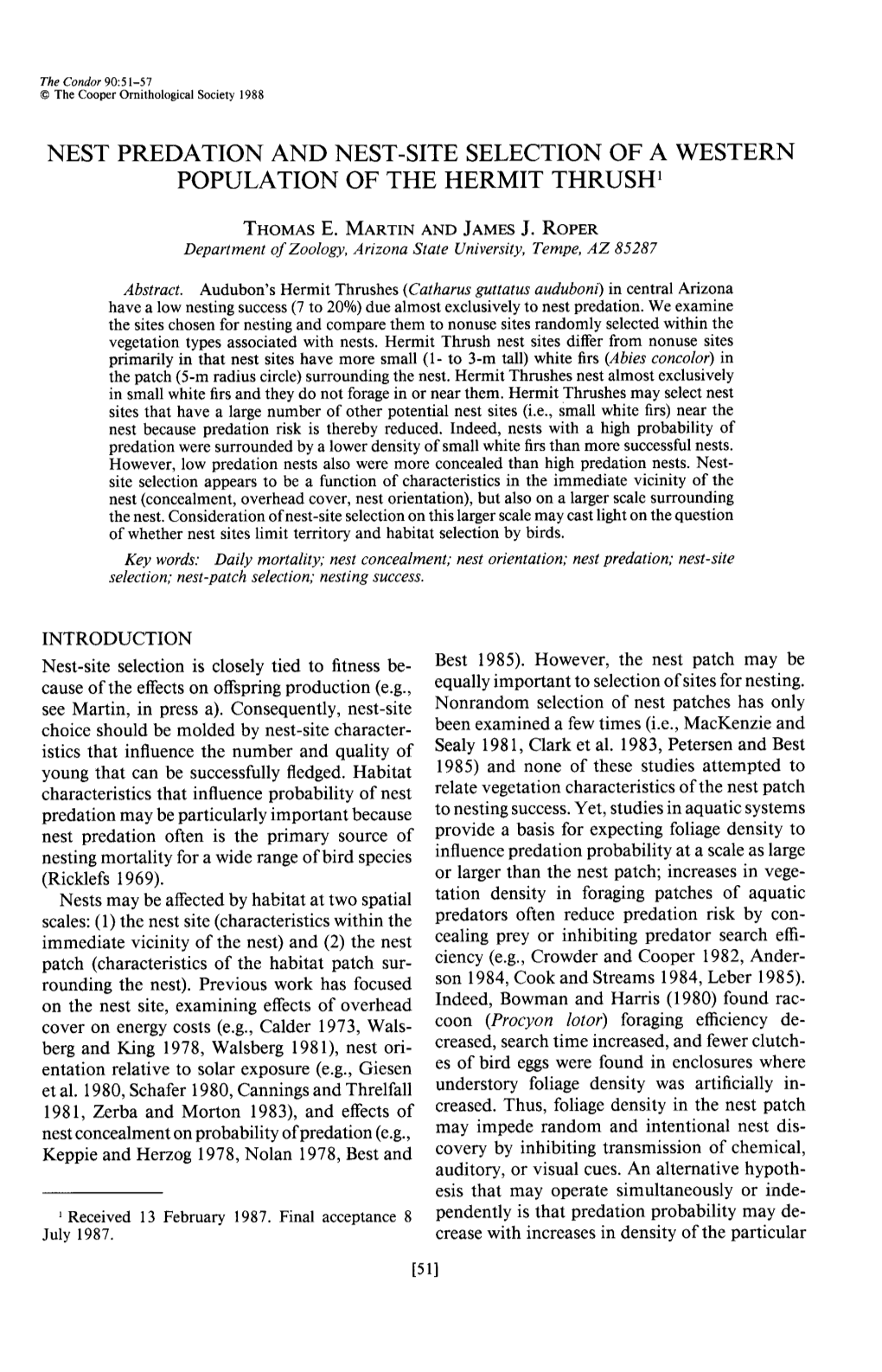 Nest Predation and Nest-Site Selection of a Western Population of the Hermit Thrush ’