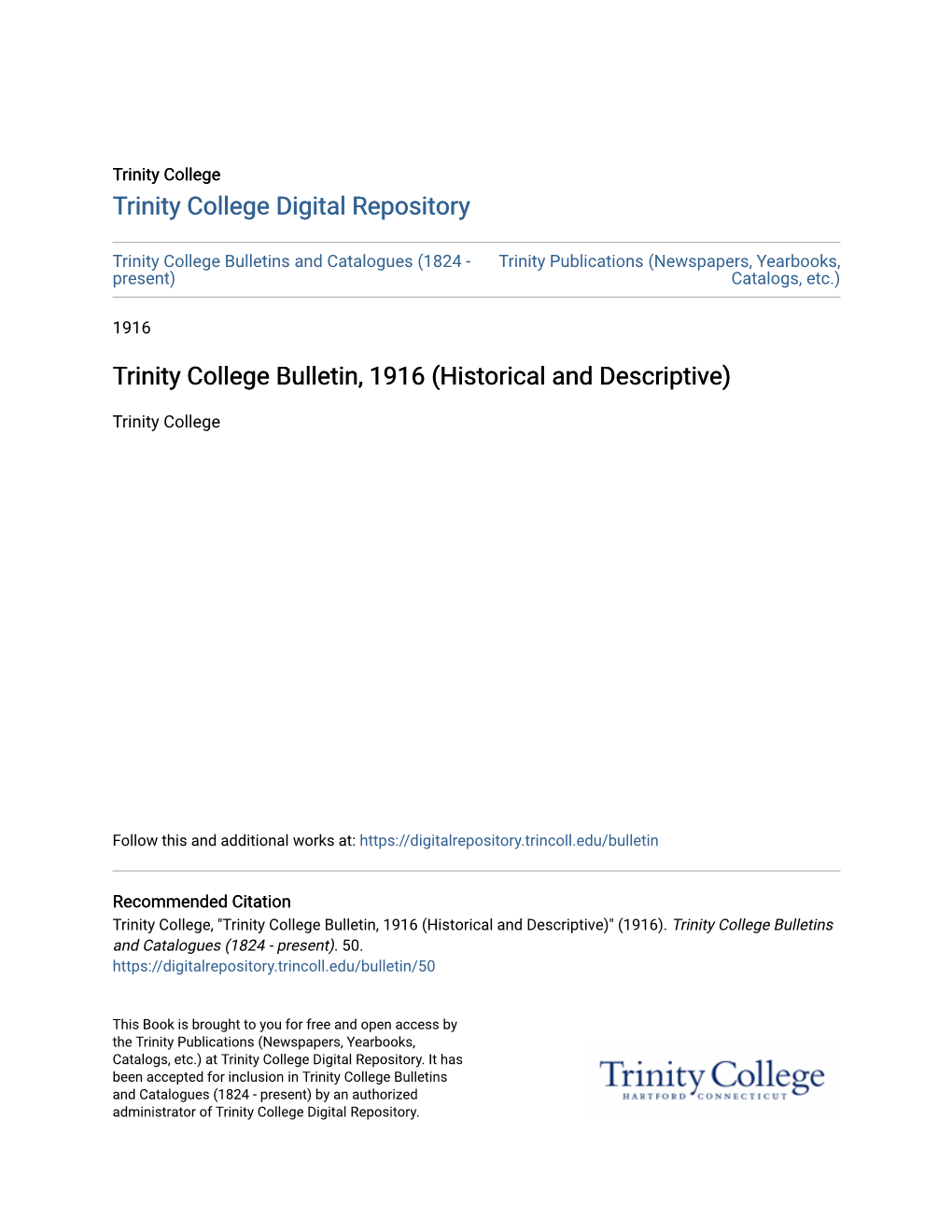 Trinity College Bulletin, 1916 (Historical and Descriptive)