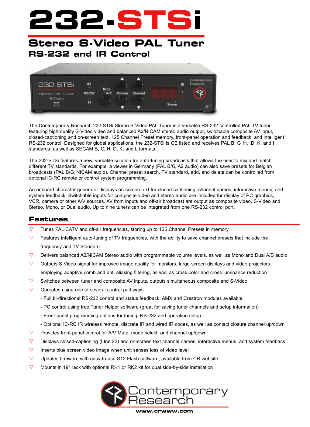 232-Stsi Stereo S-Video PAL Tuner RS-232 and IR Control