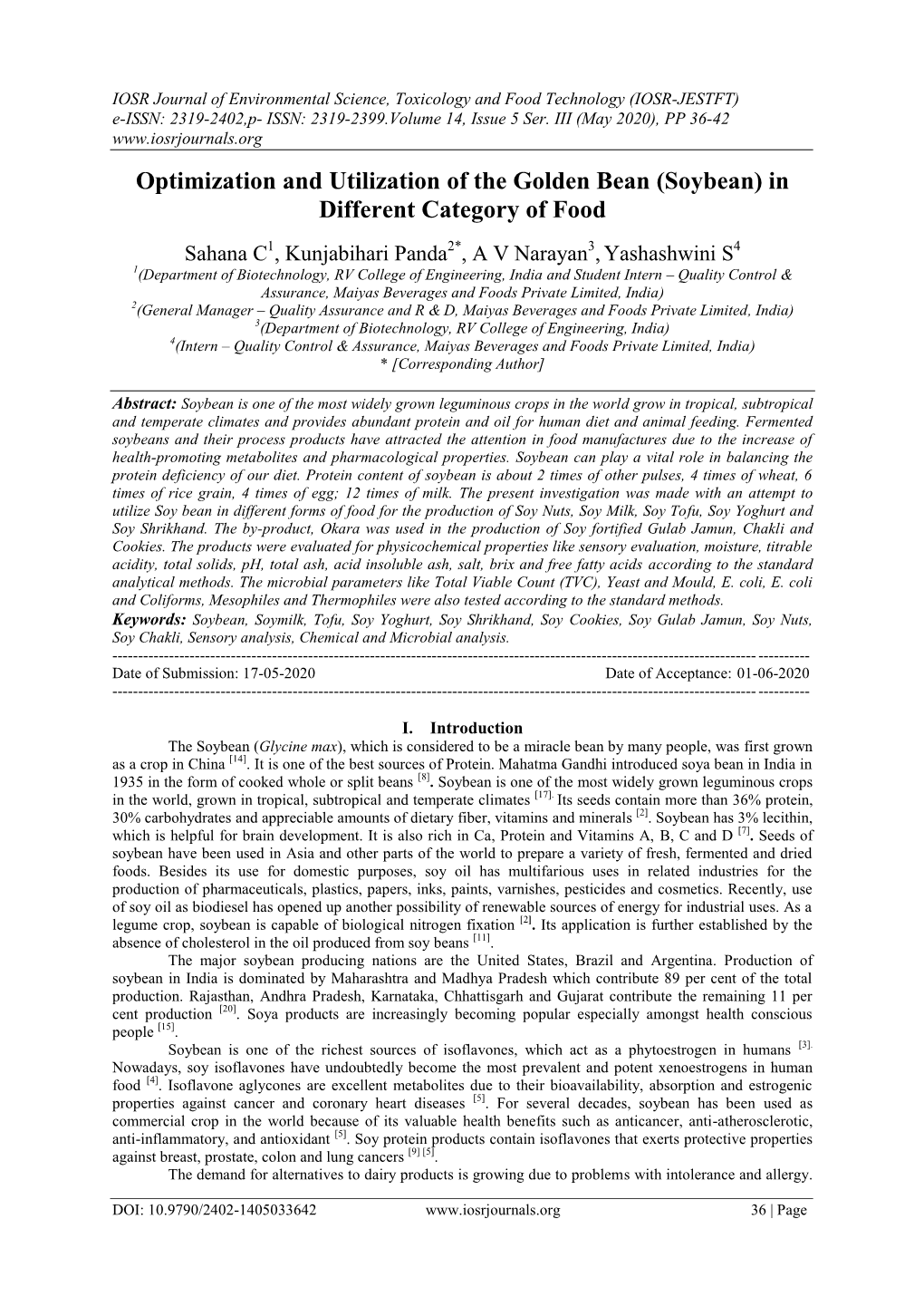 Optimization and Utilization of the Golden Bean (Soybean) in Different Category of Food