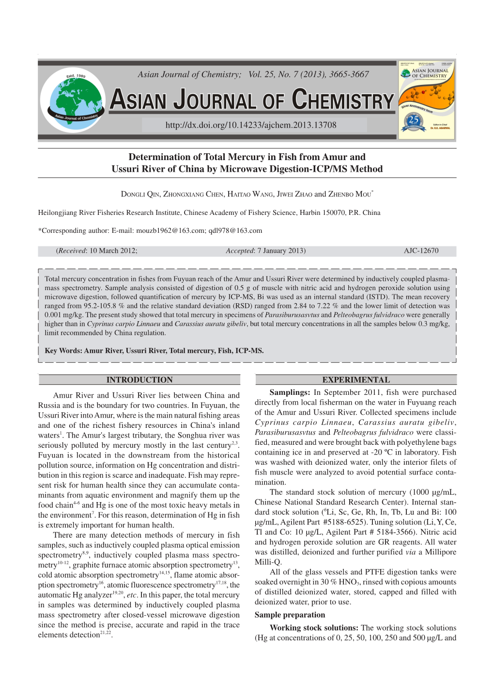 Determination of Total Mercury in Fish from Amur and Ussuri River of China by Microwave Digestion-ICP/MS Method