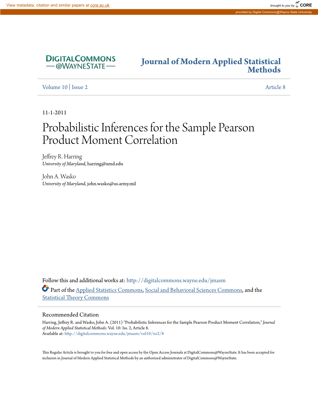 Probabilistic Inferences for the Sample Pearson Product Moment Correlation Jeffrey R