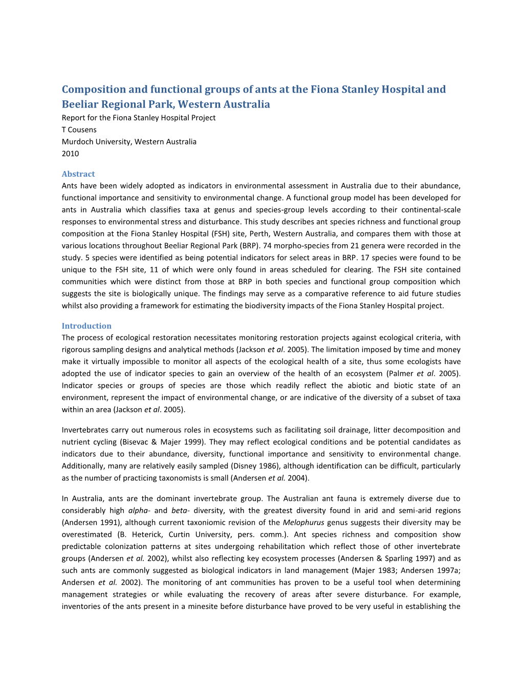 Composition and Functional Groups of Ants at the Fiona Stanley Hospital