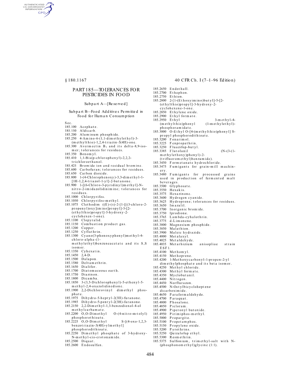 Part 185—Tolerances for Pesticides in Food