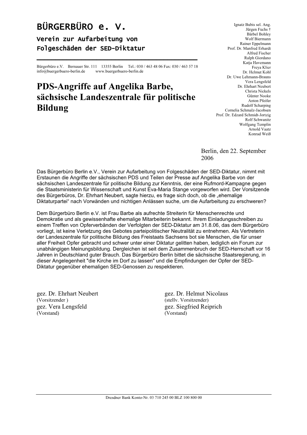 BÜRGERBÜRO E. V. PDS-Angriffe Auf Angelika Barbe, Sächsische