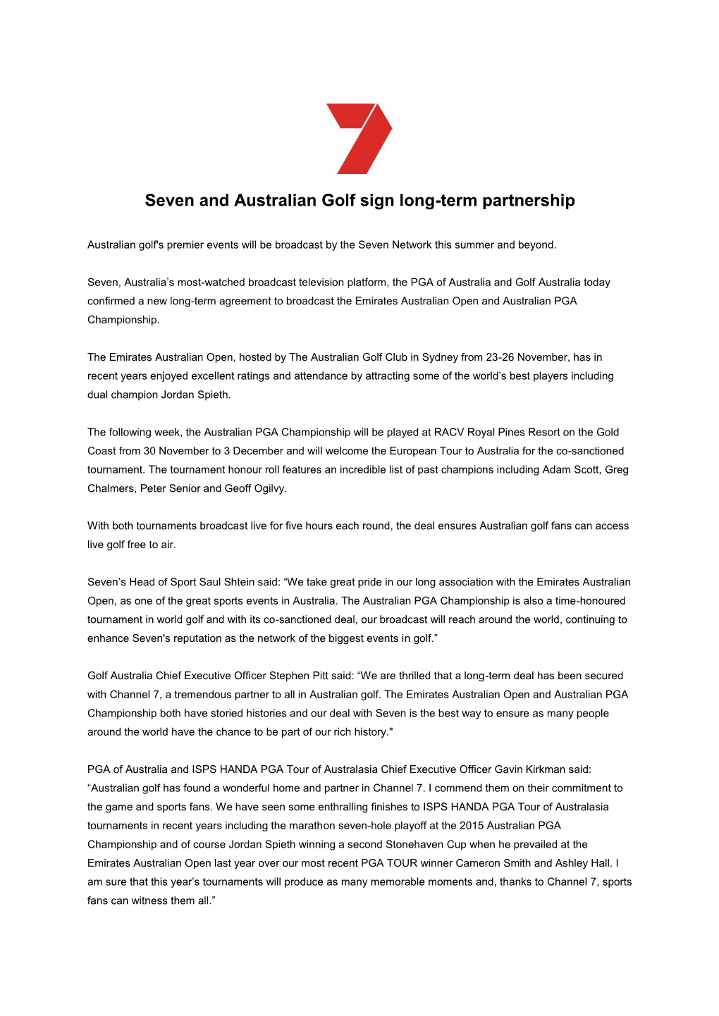 Seven and Australian Golf Sign Long-Term Partnersh