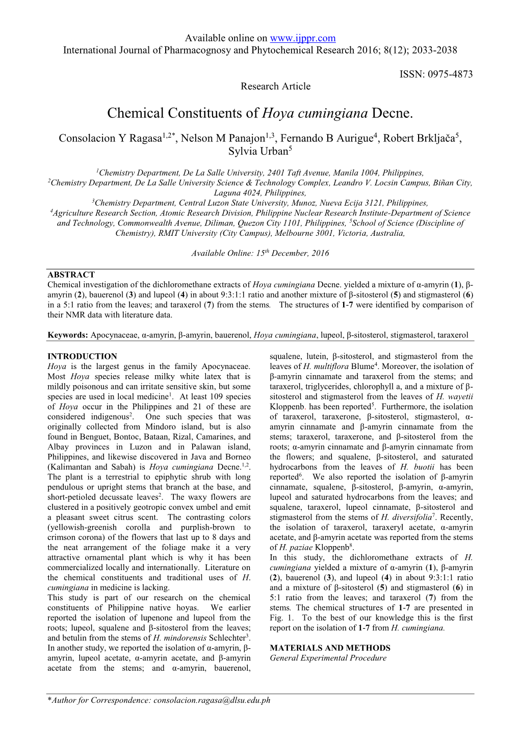 Chemical Constituents of Hoya Cumingiana Decne