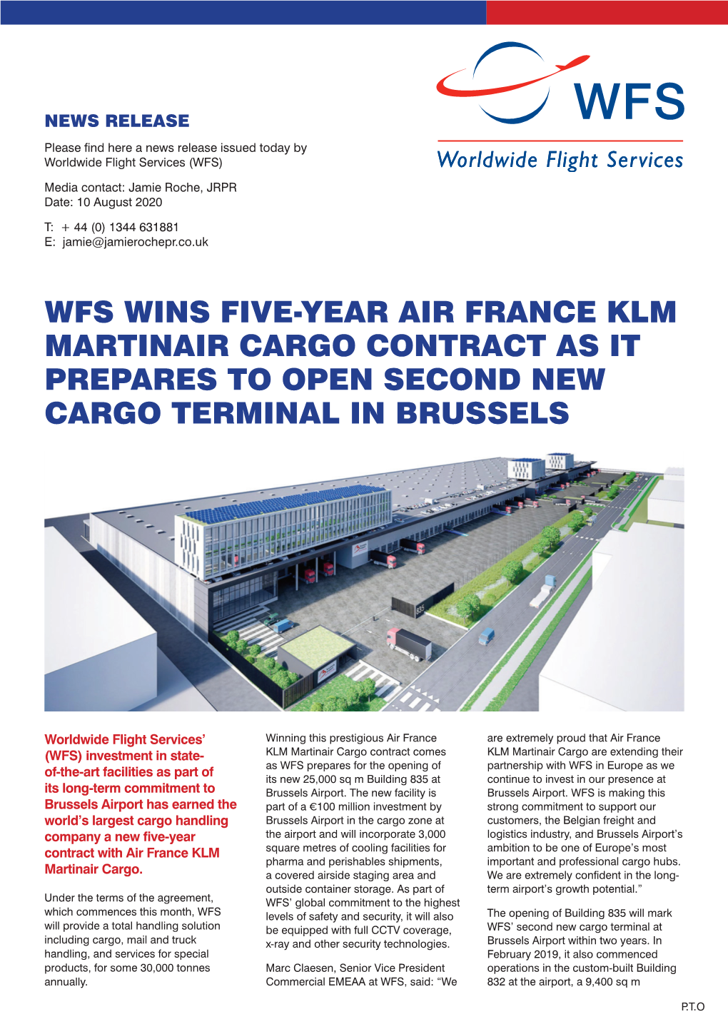 Wfs Wins Five-Year Air France Klm Martinair Cargo Contract As It Prepares to Open Second New Cargo Terminal in Brussels