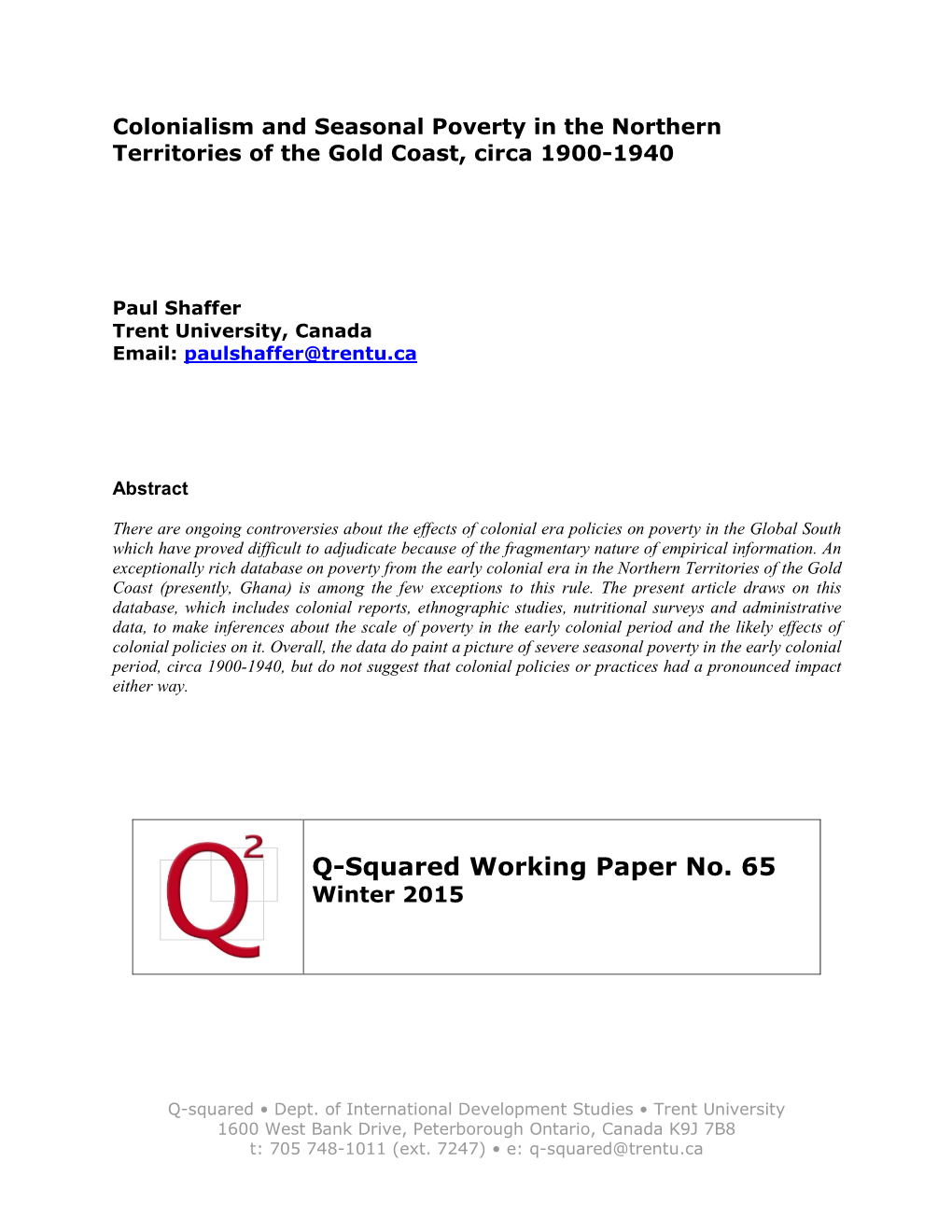 Colonialism and Seasonal Poverty in the Northern Territories of the Gold Coast, Circa 1900-1940