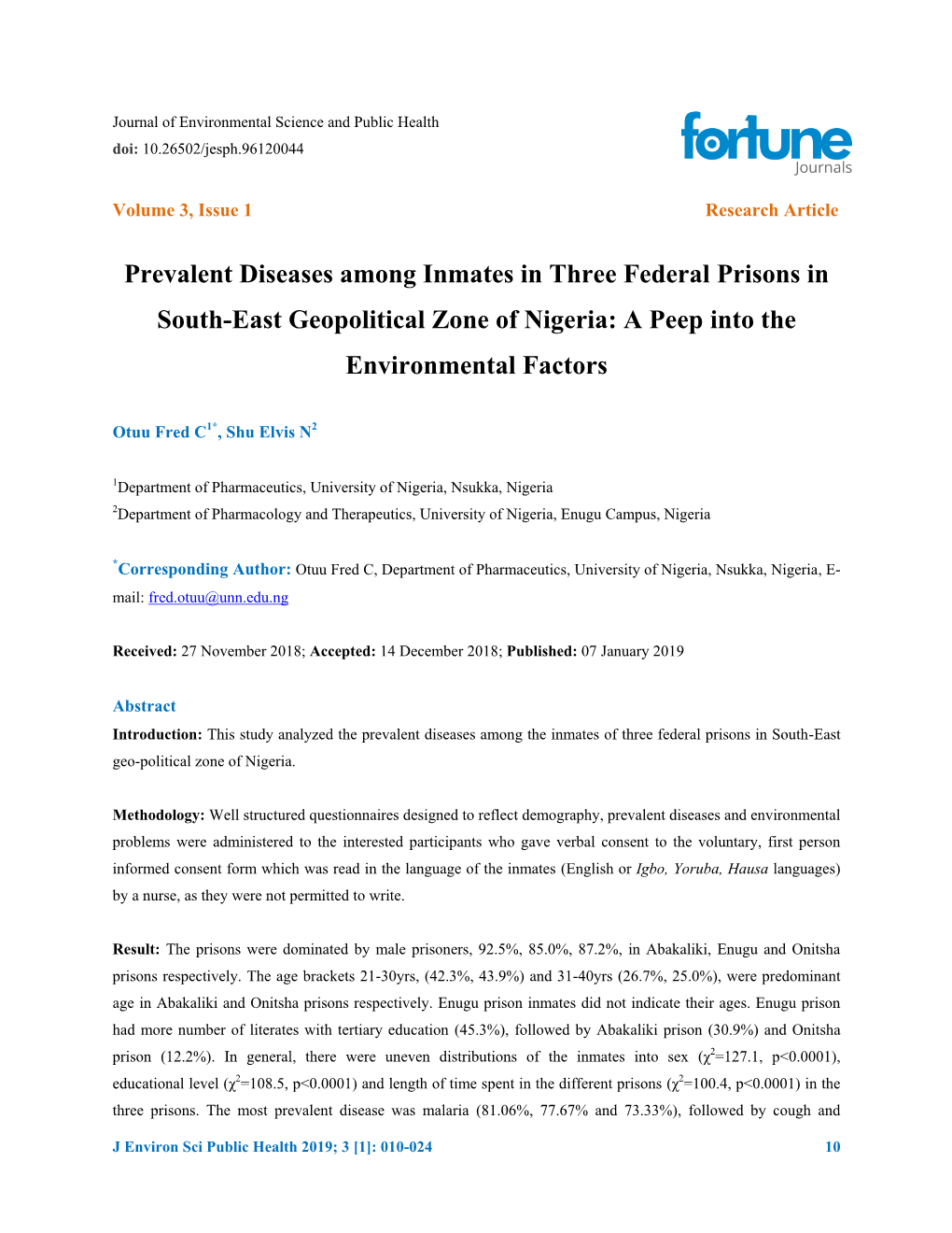 Prevalent Diseases Among Inmates in Three Federal Prisons in South-East Geopolitical Zone of Nigeria: a Peep Into the Environmental Factors