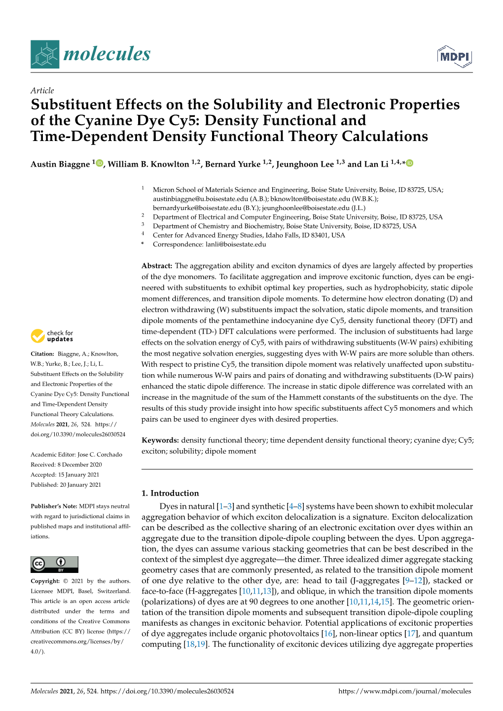 Substituent Effects on the Solubility and Electronic Properties of the Cyanine Dye Cy5: Density Functional and Time-Dependent Density Functional Theory Calculations