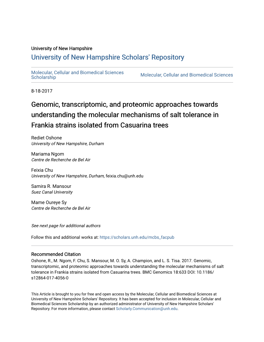 Genomic, Transcriptomic, and Proteomic Approaches Towards Understanding the Molecular Mechanisms of Salt Tolerance in Frankia Strains Isolated from Casuarina Trees
