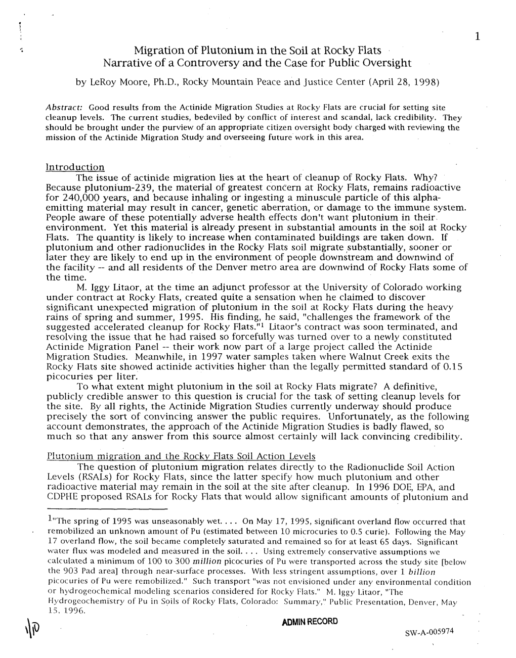 Migration of Plutonium in the Soil at Rocky Flats Narrative of a Controversy and the Case for Public Oversight