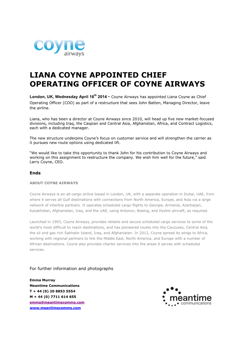 Liana Coyne Appointed Chief Operating Officer of Coyne Airways