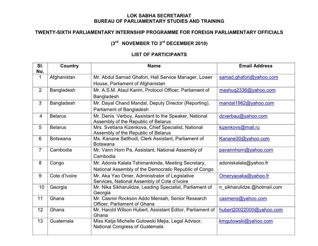 26 Th Parliamentary Internship Programme