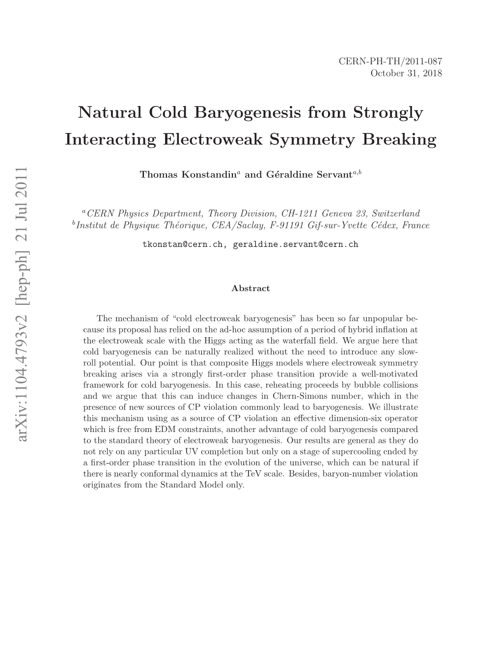 Natural Cold Baryogenesis from Strongly Interacting Electroweak